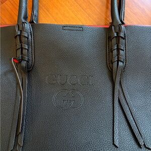 Black Pebbled Faux Leather Tote with Red Contrast Interior